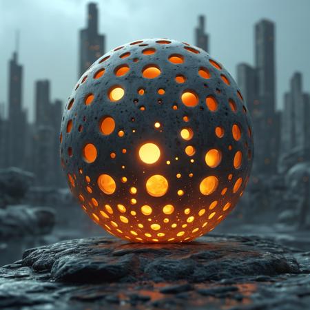 00051-3052474551-a mysterious, large, spherical object with numerous holes of varying sizes, illuminating light from within, placed on a rocky su.png